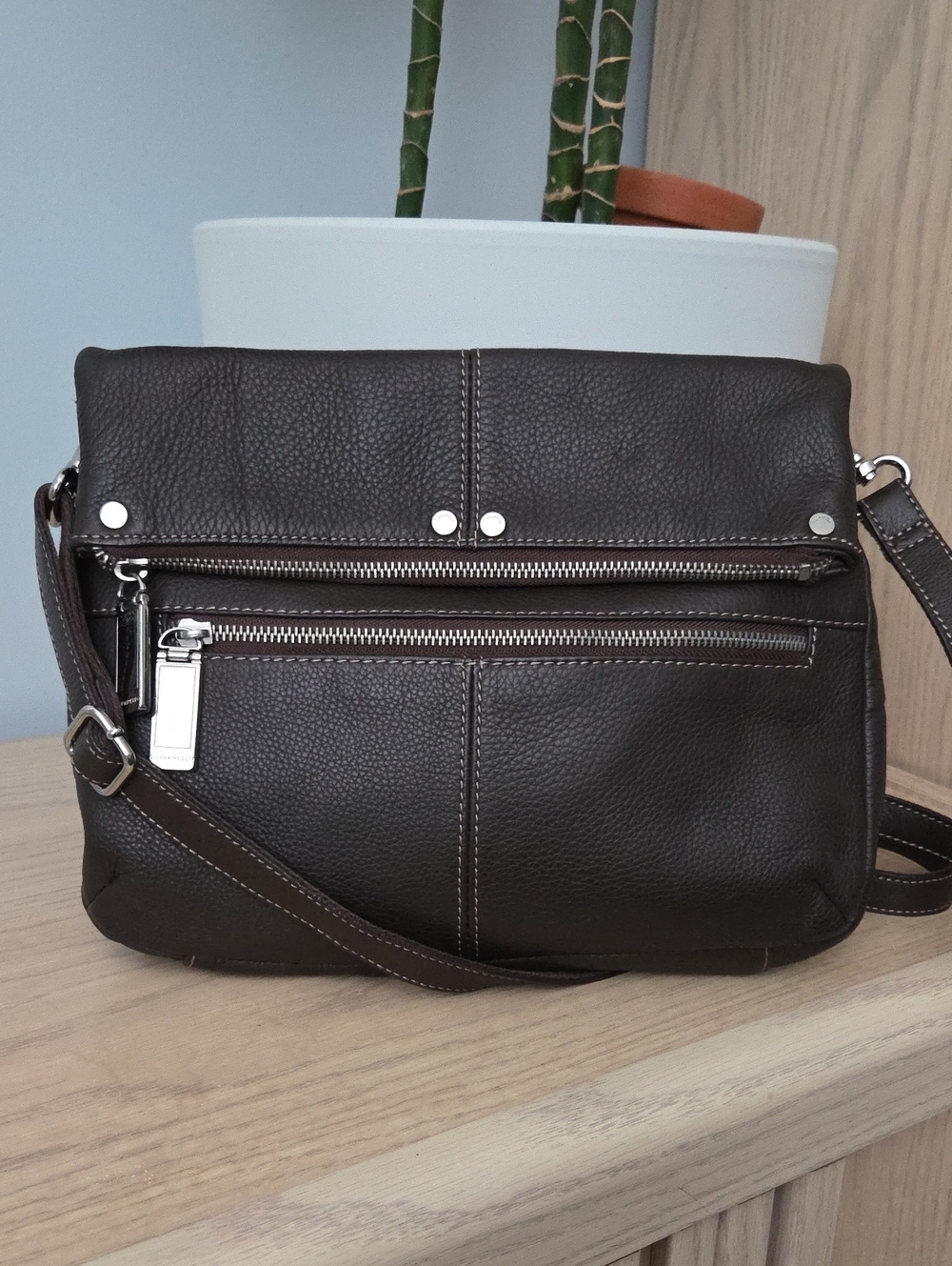 Tignanello Chocolate Brown 100% Leather "Perfect Power" Crossbody Organizer Bag